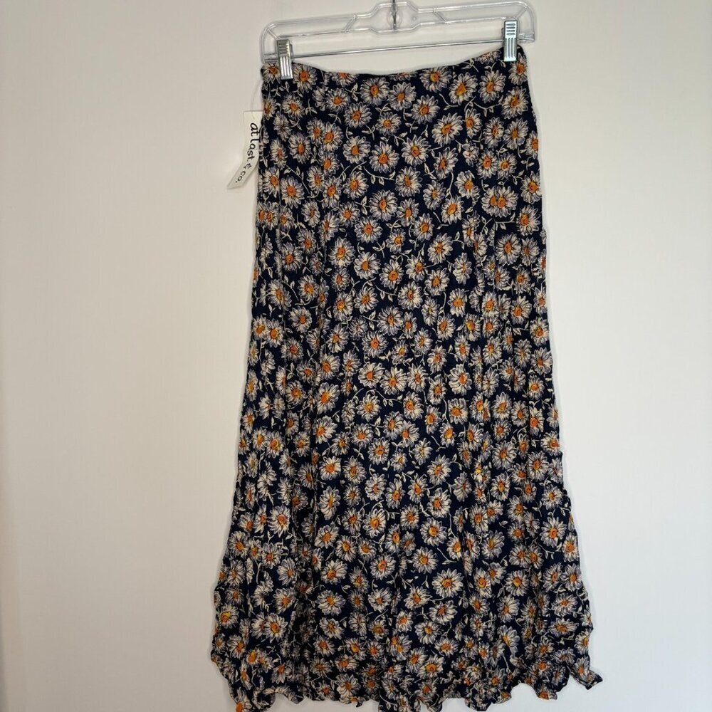 At Last & Co New Vtg Floral Button Skirt Womens M Navy Daisy Floral